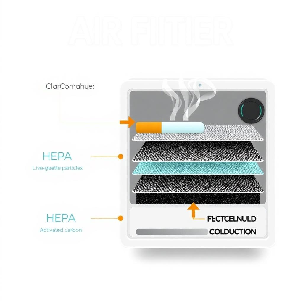 Diagram showing how a HEPA and activated carbon air purifier captures cigarette smoke particles in 2026