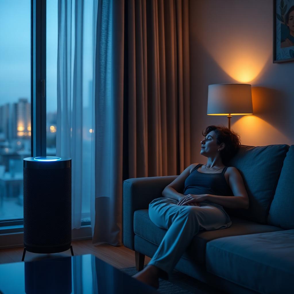 Person relaxing beside a quiet air purifier rated best for cigarette smoke in a 2026 apartment